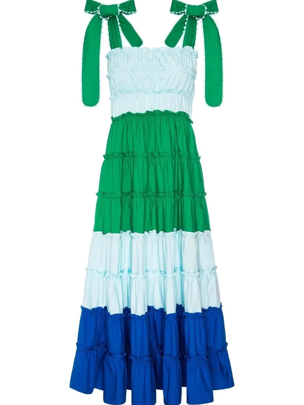 Smocked Tiered Maxi Dress in Green, Light Blue & Royal Blue